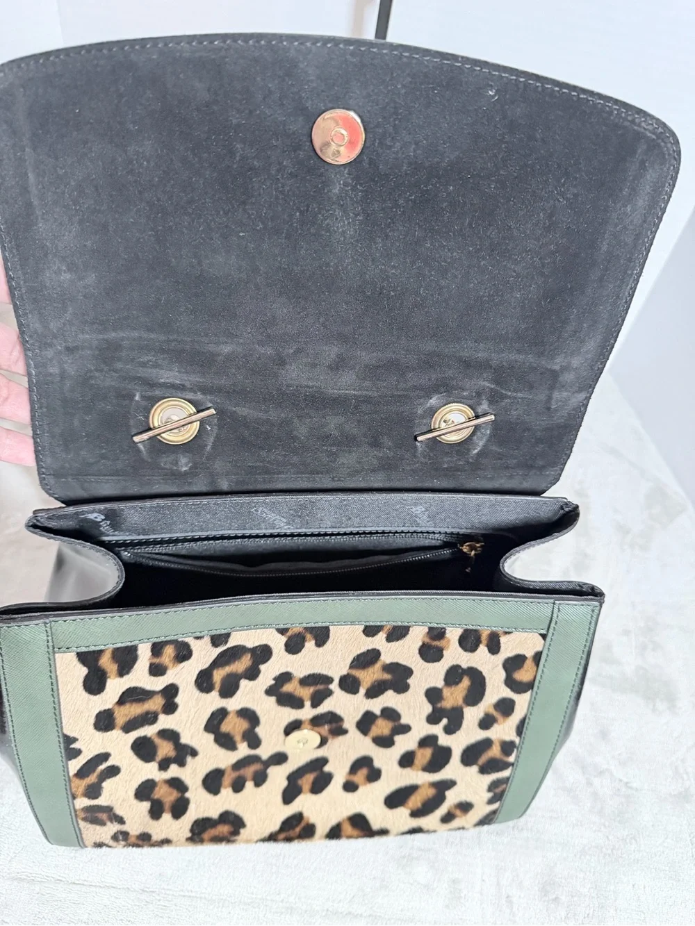 Black Leather and Leopard Accent Top-Handle Satchel